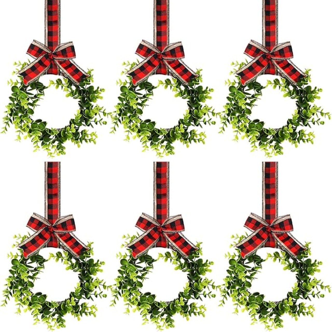 6 Pcs Christmas Kitchen Cabinet Wreaths Decorative Boxwood Wreaths with Ribbon Artificial Greenery Wreath Small Farmhouse Wreaths for Kitchen, 21.3 x 8.7 Inch (Dual Red Black Plaid with Linen)